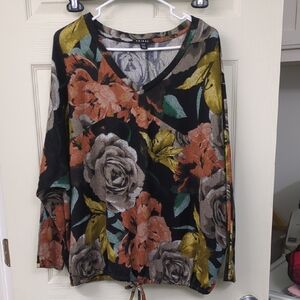 Tribal Black Floral V-Neck Drawstring Hem Top - Coral, Mustard, Sage, Taupe